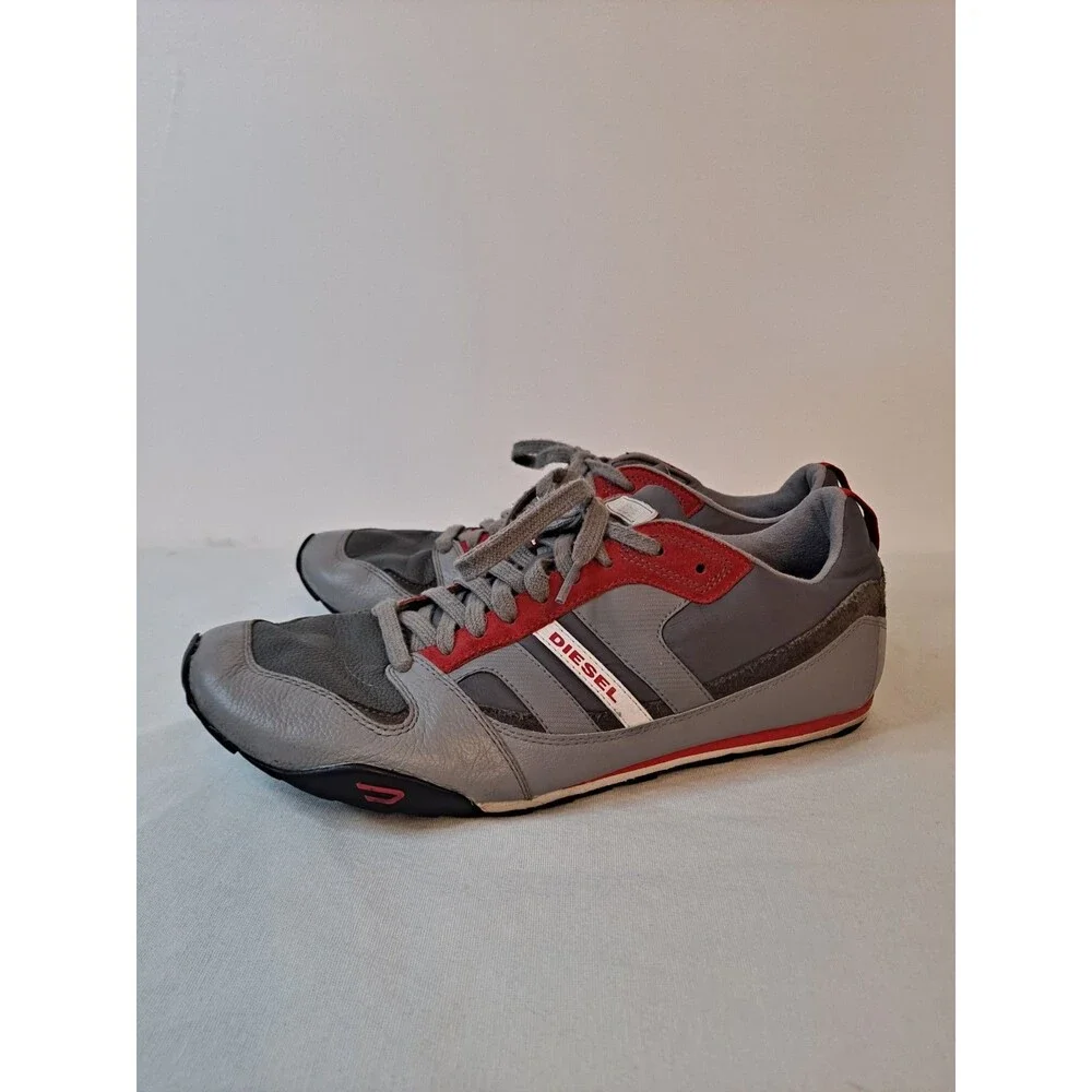 Diesel Mens Gunner Leather Sneakers Size 11 Y00326 Retro Gunmetal/Frost Grey/Red